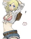  ! 1girl america_(hetalia) arms_up axis_powers_hetalia bikini_top blonde_hair blue_eyes breasts cleavage denim denim_shorts front-tie_top genderswap midriff navel open_mouth shorts smile solo 