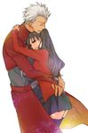  1girl archer black_hair closed_eyes couple f-tani fate/stay_night fate_(series) green_eyes height_difference hetero hug long_hair short_hair skirt thighhighs toosaka_rin two_side_up white_hair zettai_ryouiki 