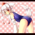  animal_ears bare_shoulders blush chocolat_(momoiro_piano) detached_sleeves embarrassed hat inubashiri_momiji leaning_forward one-piece_swimsuit red_eyes school_swimsuit short_hair silver_hair solo swimsuit tail tokin_hat touhou white_hair wolf_ears wolf_tail 