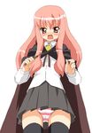  :o angry artist_request black_dress cape dress from_below long_hair long_sleeves louise_francoise_le_blanc_de_la_valliere open_mouth panties pantyshot pink_eyes pink_hair skirt solo striped striped_panties thighhighs underwear wand white_background zero_no_tsukaima 