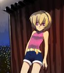  against_wall amamiya_ten'ya belt belt_buckle blonde_hair buckle building closed_mouth cutoffs denim denim_shorts higurashi_no_naku_koro_ni houjou_satoko house looking_at_viewer pink_eyes short_hair short_shorts shorts smile solo standing 