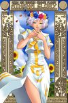  aria art_nouveau athena_glory blue_sky character_name cloud crown dark_skin day flower green_eyes half-closed_eyes hands_together head_wreath open_mouth orange_planet_uniform side_slit sky solo sunflower uniform wreath yaso_shigeru 