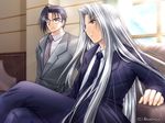  angel's_feather black_hair blue_neckwear company_name crossed_legs formal glasses grey_neckwear indoors jpeg_artifacts long_hair long_sleeves looking_away male_focus multiple_boys necktie sakakibara_ran shirt silver_hair sitting smile suit very_long_hair wakabayashi_reiya white_shirt window yamamoto_kazue 