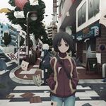  black_eyes black_hair bob_cut city commentary crosswalk flying_paper hands_in_pockets jacket original outdoors paper pavement short_hair smile solo_focus surreal track_jacket wind yajirushi_(chanoma) 
