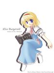  alice_margatroid bangs big_eyes blonde_hair blue_dress blue_eyes book capelet dated dress eyebrows_visible_through_hair eyes_visible_through_hair frilled_capelet frilled_dress frills grimoire_of_alice hairband nekotani_mikamo open_book puffy_short_sleeves puffy_sleeves red_hairband sash shadow short_hair short_sleeves solo tareme touhou white_background white_capelet white_legwear 