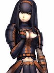  armor black_hair breasts brown_eyes cleavage cleavage_cutout faulds fumio_(rsqkr) gypceros_(armor) hairband large_breasts long_hair monster_hunter navel pauldrons solo 