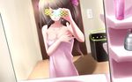  bathroom breasts brown_hair cellphone covering_eyes highres himekaidou_hatate large_breasts long_hair mille mirror naked_towel nude phone reflection ribbon self_shot solo touhou towel wallpaper 