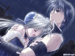  1girl blue_eyes blue_hair chin_rest closed_eyes couple emilia_(vagrants) game_cg hairpods hetero hug night open_mouth outdoors rain silver_hair sion_(vagrants) tears vagrants watermark yamamoto_kazue 