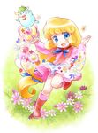  :d bangs blonde_hair blue_eyes blush boots bow bowtie child curly_hair dress field floral_background flower flower_field flying hair_ribbon hana_no_mahoutsukai_mary_bell highres holding instrument knee_boots leg_lift long_hair looking_at_viewer low-tied_long_hair mary_bell midoya_(icecandy) open_mouth outdoors outstretched_arm ribbon smile tambourine tambourine_(mary_bell) very_long_hair 