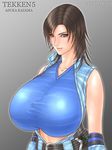  breasts brown_eyes brown_hair female gigantic_breasts gradient gradient_background huge_breasts infinity kazama_asuka long_hair namco solo tekken 