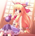  alcohol blush bottle bow chain chibi fang gourd hair_bow horn_ribbon horns ibuki_suika open_mouth orange_hair ponytail red_eyes ribbon sake shirt sitting skirt sleeveless sleeveless_shirt smile solo touhou wrist_cuffs yokuran 