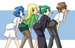  3girls artist_request ass bangs bare_shoulders blonde_hair brown_hair chie_rumiko dress earrings folded_ponytail green_eyes green_hair higurashi_no_naku_koro_ni japanese_clothes jewelry jinki kimono long_sleeves looking_at_viewer maebara_keiichi multiple_girls one_eye_closed pantyhose parody red_eyes school_uniform skirt sonozaki_akane takano_miyo tied_hair 