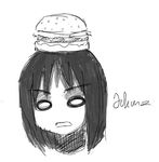  azumanga_daiou food greyscale hamburger johanz kasuga_ayumu monochrome object_on_head solo 