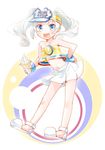  bare_shoulders blue_eyes child copyright_request food ice_cream midoya_(icecandy) midriff mini_stop navel personification skirt solo white_hair 