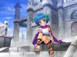  ankle_lace-up bike_shorts blue_eyes blue_hair cape child cross-laced_footwear dragon_quest dragon_quest_v flora's_daughter hair_ribbon highres mutsuki_(moonknives) ribbon sandals short_hair sitting solo 