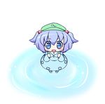  :d blue_eyes blue_hair blush chibi from_above hair_bobbles hair_ornament hat kawashiro_nitori key looking_up maitora open_mouth ripples short_hair smile solo touhou two_side_up water 
