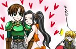  2boys 74 aless_(fire_emblem) arm_hug armor black_hair blush cape closed_eyes dancer dimna_(fire_emblem) fire_emblem fire_emblem:_seisen_no_keifu gloves heart laylea_(fire_emblem) long_hair midriff multiple_boys ponytail smile tears translated 