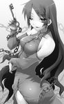 ass bare_shoulders breasts chain copyright_request detached_sleeves greyscale key long_hair medium_breasts monochrome nilitsu one_eye_closed side_slit solo very_long_hair 