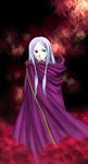  74 cloak fire_emblem fire_emblem:_fuuin_no_tsurugi flower green_eyes heterochromia highres idoun long_hair pointy_ears purple_hair red_eyes solo 