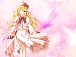  blonde_hair blue_eyes bow capelet dress hands hat lily_white long_hair one_eye_closed outstretched_arms sakura_yuuya solo spread_arms touhou wings 