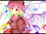  advent_gurume alternate_costume animal_ears bad_id bad_pixiv_id blush breasts contemporary gradient_hair hat letterboxed medium_breasts multicolored_hair musical_note mystia_lorelei plaid plaid_scarf red_eyes scarf skirt smile snow solo touhou wings 