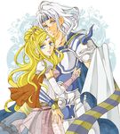  1boy 1girl aosena armor blonde_hair blue_eyes bridal_gauntlets cape cecil_harvey couple earrings female final_fantasy final_fantasy_iv hair_ornament jewelry leotard long_hair lowres male purple_eyes rosa_farrell shoulder_pads smile tiara violet_eyes white_hair 