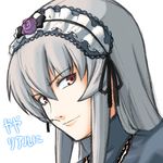  &gt;:) brown_eyes grey_hair hairband jingai_modoki lolita_hairband looking_at_viewer lowres maid_headdress portrait red_eyes rozen_maiden smile solo suigintou translation_request v-shaped_eyebrows white_background 
