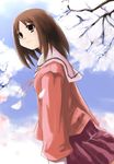  asaba azumanga_daiou brown_eyes brown_hair cherry_blossoms cloud day dutch_angle kasuga_ayumu long_hair long_sleeves school_uniform sky solo 