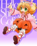  blonde_hair bloomers bow gofu halloween hina_ichigo jack-o'-lantern long_sleeves pink_bow pumpkin purple_background rozen_maiden solo underwear 