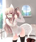  animal_ears black_legwear cat_ears cat_tail copyright_request glasses long_hair mouth_hold ribbon shin_(new) solo tail thighhighs 