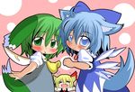  &gt;_&lt; animal_ears bad_id bad_pixiv_id blonde_hair blue_eyes blue_hair bow cirno closed_eyes com_(chocolate_blossom) daiyousei dog_ears dog_tail fang green_eyes green_hair hair_bow hair_ribbon kemonomimi_mode multiple_girls open_mouth ribbon rumia short_hair side_ponytail tail touhou wings 