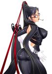  ass back backless_outfit bare_back bayonetta bayonetta_(character) black_eyes black_hair blue_eyes bodysuit breasts candy covered_nipples earrings elbow_gloves food glasses gloves hair_bun hair_ribbon jewelry large_breasts lipstick lollipop long_hair looking_back makeup ribbon solo tokisige 