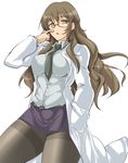  adjusting_eyewear bespectacled brown_hair glasses hand_in_pocket kiyama_harumi labcoat miniskirt momio necktie pantyhose pencil_skirt simple_background skirt solo thighband_pantyhose thighs to_aru_kagaku_no_railgun to_aru_majutsu_no_index yellow_eyes 