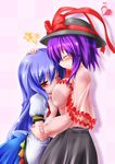  bad_id bad_pixiv_id blue_hair blush breast_smother breasts capelet closed_eyes couple frills hand_on_another's_head hat hat_ribbon heart hinanawi_tenshi hug kemoyuri long_hair medium_breasts multiple_girls nagae_iku no_hat no_headwear purple_hair red_eyes ribbon short_hair smile star touhou yuri 