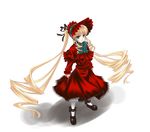  blonde_hair bonnet bow bowtie drill_hair frills full_body green_bow green_neckwear juliet_sleeves long_hair long_sleeves looking_at_viewer mary_janes puffy_sleeves rockeight rozen_maiden shinku shoes sidelocks simple_background solo standing twin_drills twintails white_background 