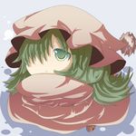  :&lt; bad_id bad_pixiv_id chibi doromizu frown green_eyes green_hair hair_over_one_eye hat kazami_yuuka kazami_yuuka_(pc-98) long_hair nightcap nightgown pillow pillow_hug solo touhou touhou_(pc-98) 