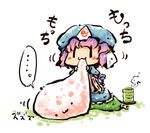  1girl :3 blush cannibalism chibi cup eating ghost hat okome_(kome_kuma) pun saigyouji_yuyuko short_hair sitting solo teacup touhou translated |_| 
