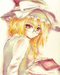  bespectacled blonde_hair book braid color_ink_(medium) glasses graphite_(medium) hair_ribbon hat hat_ribbon kirisame_marisa looking_at_viewer looking_back open_book ribbon short_hair solo sugai touhou traditional_media witch_hat yellow_eyes 