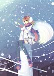  bad_id bad_pixiv_id brown_hair ef gloves green_eyes highres mikuri_yoru miyamura_miyako scarf snow solo thighhighs 