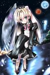  blonde_hair feathers gothic long_hair long_sleeves original planet sho_(runatic_moon) solo 