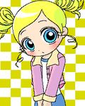  artist_request blonde_hair blue_eyes blush braid casual checkered checkered_background goutokuji_miyako hands_together jacket long_sleeves looking_at_viewer lowres oekaki powerpuff_girls_z rolling_bubbles sidelocks skirt solo twin_braids 