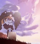  black_hair cloud commentary expressionless hat looking_away one_eye_closed pantyhose peaceful plus9 red_eyes scarf shameimaru_aya short_hair skirt sky solo tokin_hat touhou wind wings 