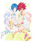  alternate_costume ar_(rikuesuto) blue_hair blush crossdressing fabulous high_heels highres image_sample jewelry md5_mismatch midriff multiple_boys otoko_no_ko panty_&amp;_stocking_with_garterbelt parody pixiv_sample red_hair shindou_sugata shoes short_hair skirt skirt_pull star_driver striped striped_legwear thighhighs tsunashi_takuto 