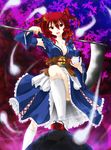  breasts cleavage clog_sandals detached_sleeves fuyuno_taka hair_bobbles hair_ornament highres leaf medium_breasts onozuka_komachi red_eyes red_hair scythe short_hair solo touhou two_side_up 