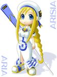  :&gt; alicia_florence aria beret blonde_hair blue_eyes braid character_name chibi copyright_name dress from_above full_body hat long_hair looking_at_viewer looking_up no_nose paddle short_sleeves simple_background single_braid solo standing white_background white_dress yaso_shigeru 