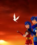  1girl 74 armor bird blue_eyes blue_hair fingerless_gloves fire_emblem fire_emblem:_monshou_no_nazo gloves hand_on_shoulder long_hair marth sheeda skirt sunset tiara 