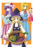  alice_margatroid apron basket blonde_hair blue_dress book border capelet carrot closed_eyes cowboy_shot doll dress eggplant flying food hashiyamoto hat holding holding_book kirisame_marisa long_sleeves looking_at_viewer multiple_girls open_book orange_background patchouli_knowledge purple_dress purple_eyes purple_hair reading red_dress shanghai_doll simple_background size_difference smile standing touhou vegetable waist_apron witch_hat 