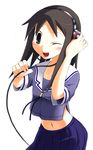  :d artist_request azumanga_daiou black_eyes black_hair blush hand_on_ear headphones kasuga_ayumu long_hair midriff navel one_eye_closed open_mouth school_uniform serafuku side_slit simple_background smile solo 