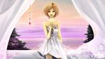  brown_hair curtains dress flower koharubiyori-sun meiko music red_eyes short_hair singing sky solo strapless strapless_dress vocaloid white 