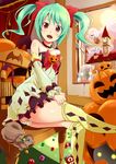  aqua_hair ass bad_anatomy bat_wings bow brown_eyes candy copyright_request detached_sleeves dressing food green_hair hair_bow halloween highres jack-o'-lantern misashi_(raichi821) panties pantyshot pumpkin sitting solo striped striped_panties thighhighs thighhighs_pull twintails underwear wings 